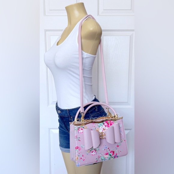 CROSSI Bag Blush Pink Satchel with Oversized Bow - Floral Print - Picture 7 of 8